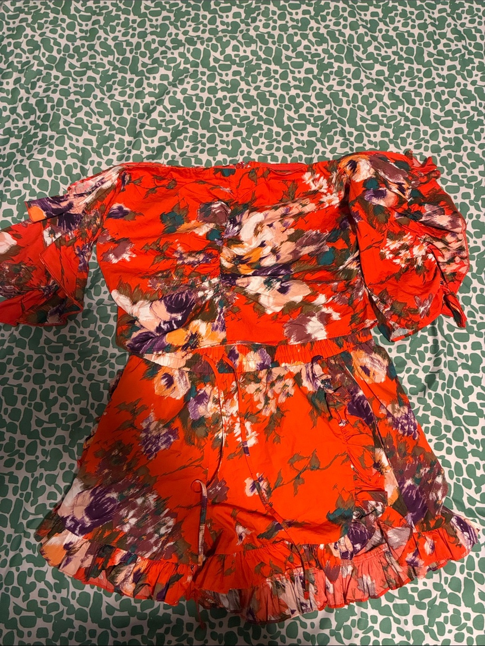 H&M Orange Floral Off-Shoulder Short Romper Set TOP SIZE 14 BOTTOM SIZE 8